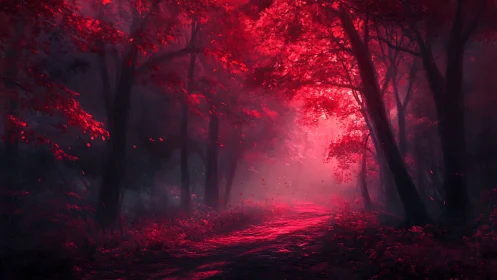 Enchanted Red Forest Path Through Misty Woods