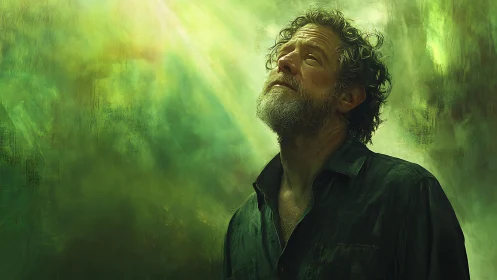 Sun-drenched wanderer pausing beneath a painted forest sky.