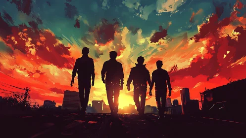 Friends walking into a painted neon sunset cityscape.