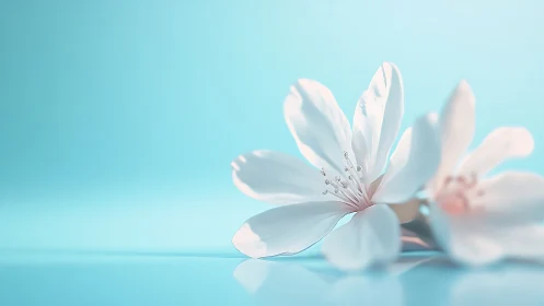 Delicate petals dance softly against tranquil turquoise dreams.