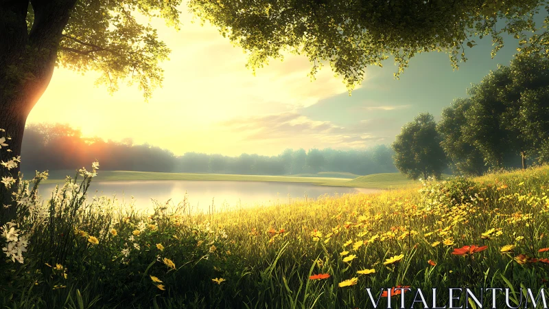 Sunlit meadow with lake and distant tree line at dawn.