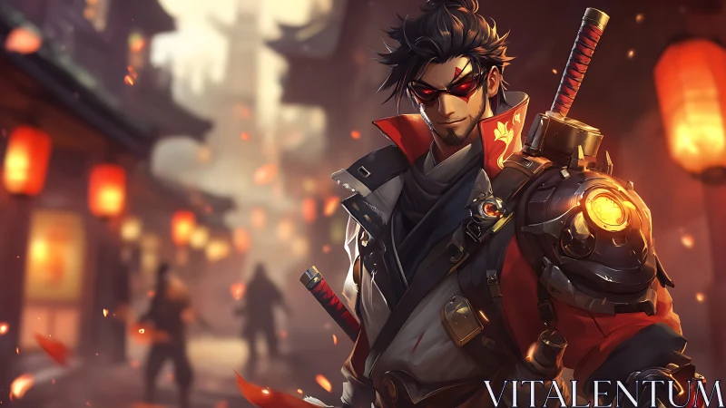 Cyber samurai stands confident in neon-lit lantern street