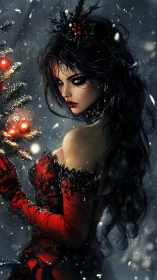 Gothic winter sorceress beside illuminated red bauble fir