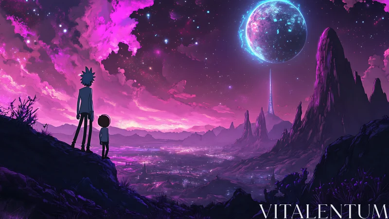 Stargazers overlooking neon alien valley and luminous moon.