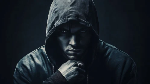 Moody hooded portrait isolates intense gaze in low key light