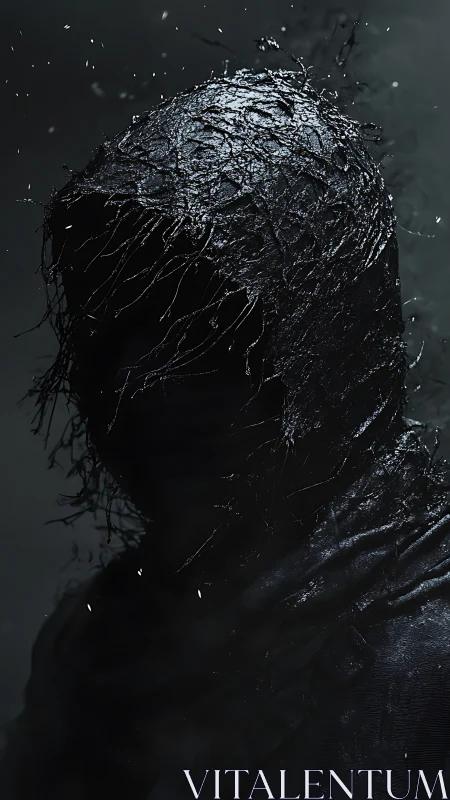 Hooded humanoid silhouette coated in glossy fracturing black resin