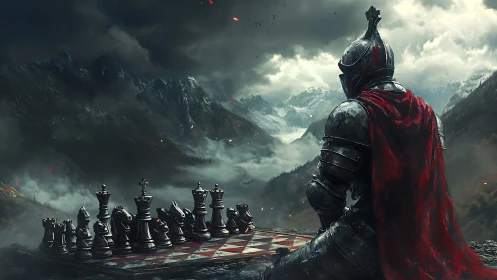 Armored knight studies stormlit chessboard in mountains.