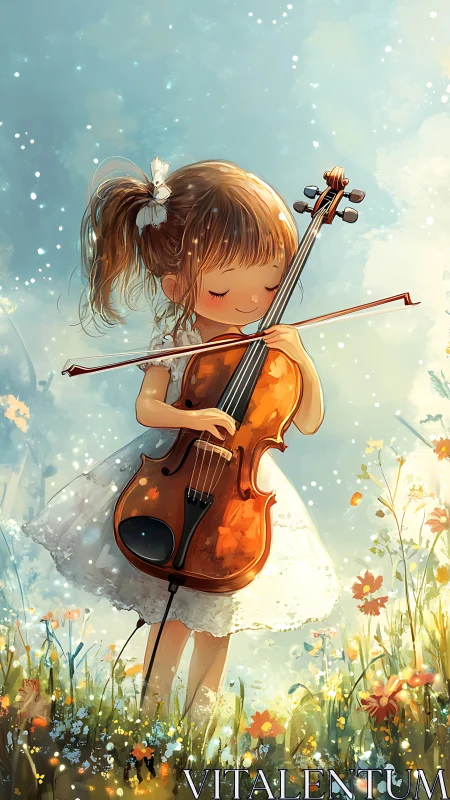 Young girl playing violin in bright floral meadow illustration.