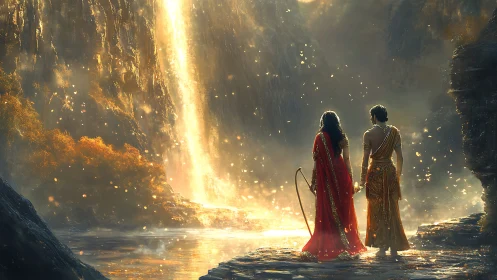 Mythic couple overlooks radiant waterfall in golden dusk.
