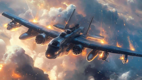 Twin‑engine strike bomber traversing incendiary cloud theater.