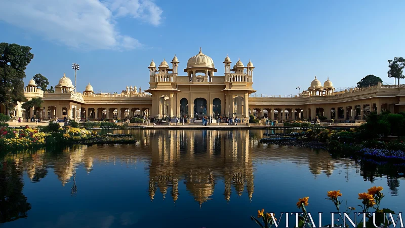 Sunlit palace arcade mirrored in a tranquil garden pool.