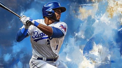 Baseball slugger waits on pitch against bold abstract sky