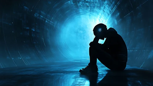 Silhouetted cyborg in neon tunnel dramatizes digital isolation