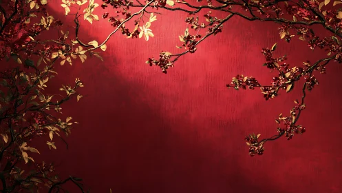 Golden blossoms drift gently across a deep red sky