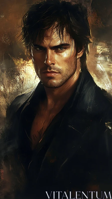 Male subject in dark clothing against textured abstract ground.