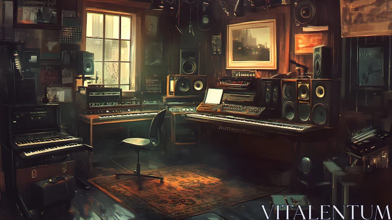 Moody synth sanctuary where analog machines hum and glow.