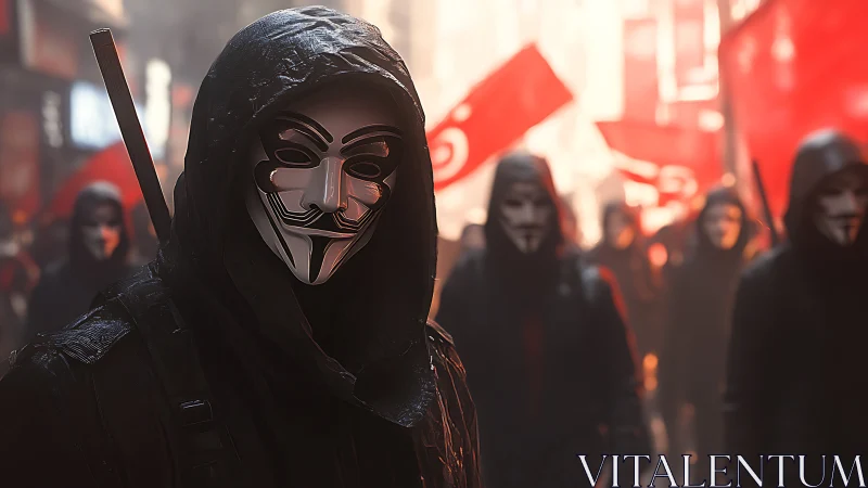 Hooded protestor in Guy Fawkes mask dominates fiery street march