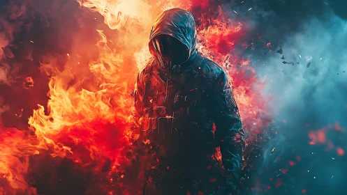 Hooded figure in infernal firestorm meets cold cyan smoke