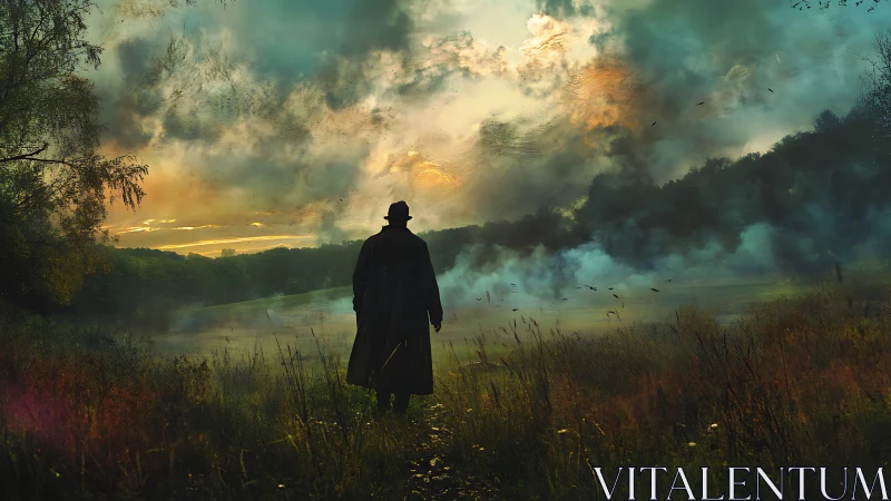 Silhouetted figure surveys misty riverside meadow at chromatic dawn