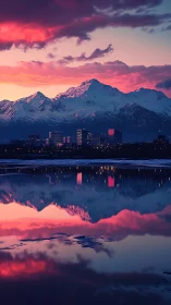 Snow mountains and city skyline reflect in pink sunset lake