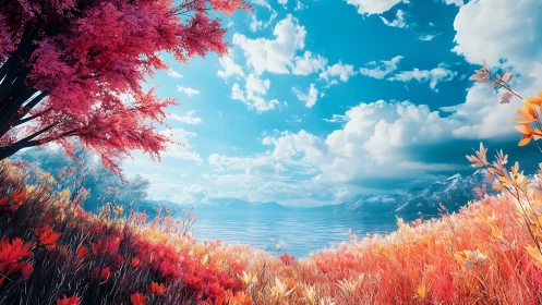 Spectral meadowscape with chromatic lake and cloud stratigraphy.