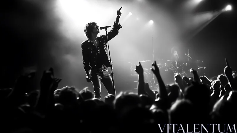 Rock vocalist commands stage under dramatic concert lights.