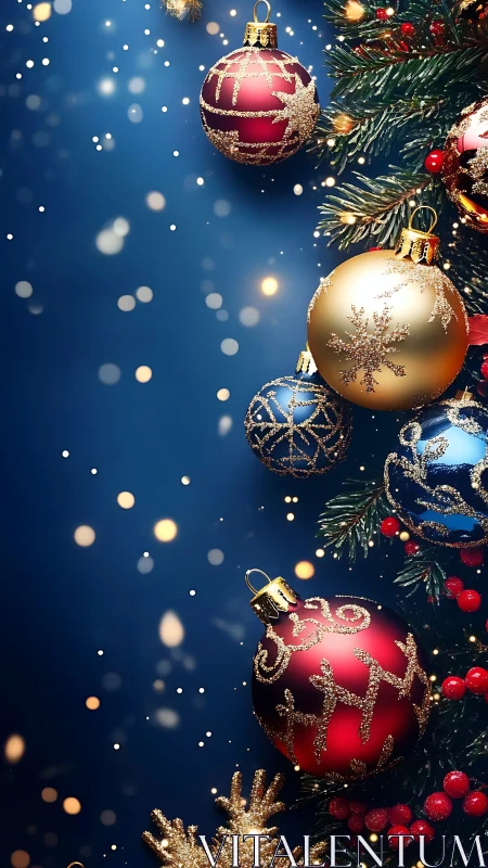 Christmas baubles on blue background with tree branches.