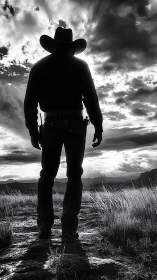 Silhouetted cowboy stands against storm-lit western sky.