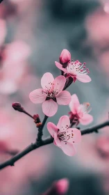 Pink cherry blossoms photographed against blurred background with dark branches