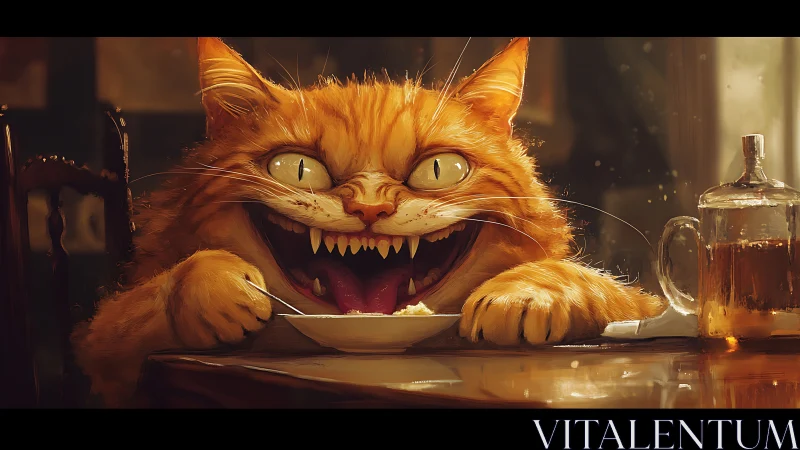 Glowing-eyed ginger cat grinning over tiny dessert bowl.