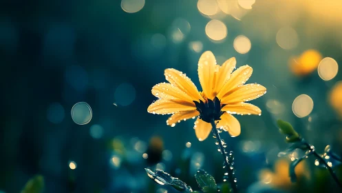 Macro analysis of dew-laden yellow daisy under bokeh illumination.