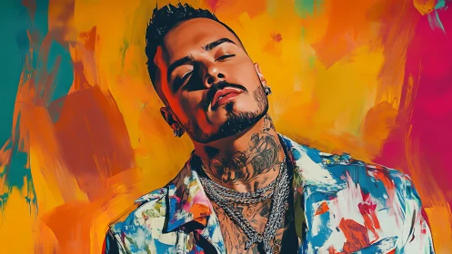 Chromatic portrait of tattooed man in vivid digital brushwork.