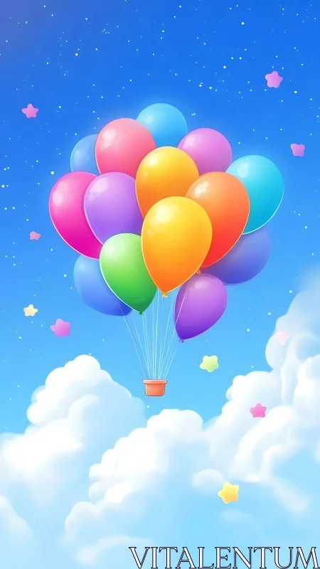 Colorful Hot Air Balloons Rising Through Clouds and Stars.