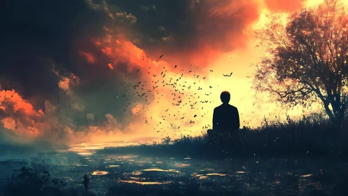 Solitary figure observes blazing dusk sky over marsh