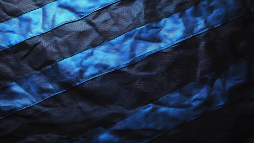 Diagonal blue fabric bands on dark wrinkled textile surface.