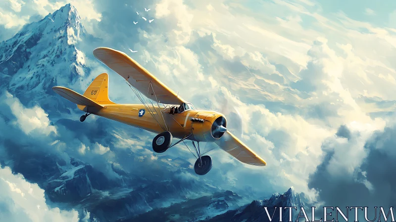 Sunlit yellow scout plane threads the clouds like silk