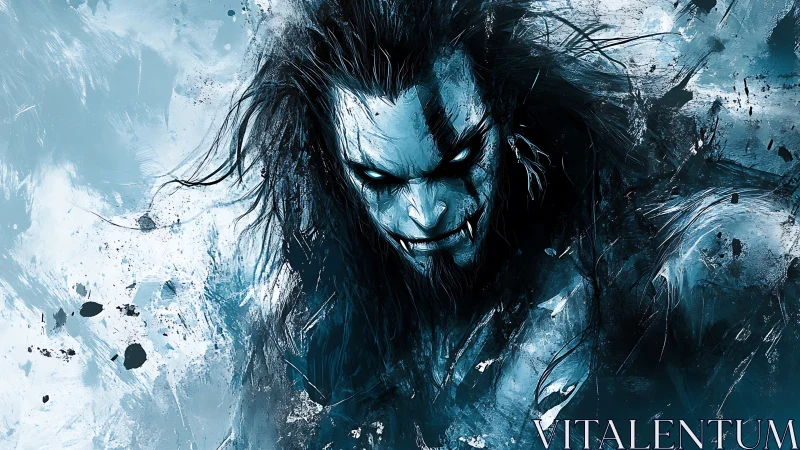 Feral frost-demon lunges from a storm of shattered ink and ice