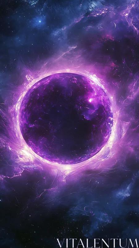 Violet cosmic sphere wreathed in radiant plasma halo.
