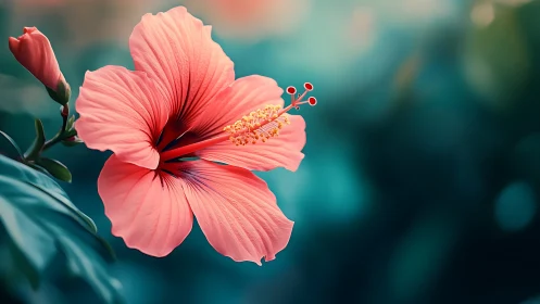 Coral Hibiscus Bloom with Golden Stamen Against Bokeh Turquoise Background