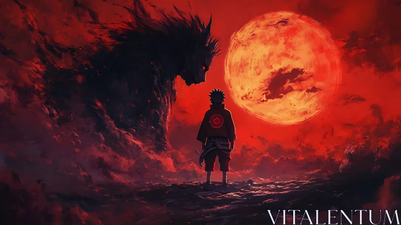 Lone hero meets shadow beast beneath a blazing red moon.