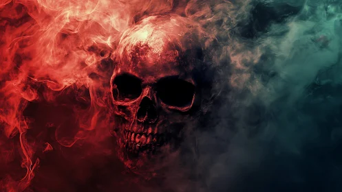 Burning skull emerges through swirling red and teal smoke