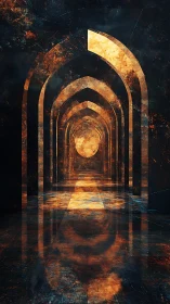 Golden arches glow in a deep cosmic tunnel of light