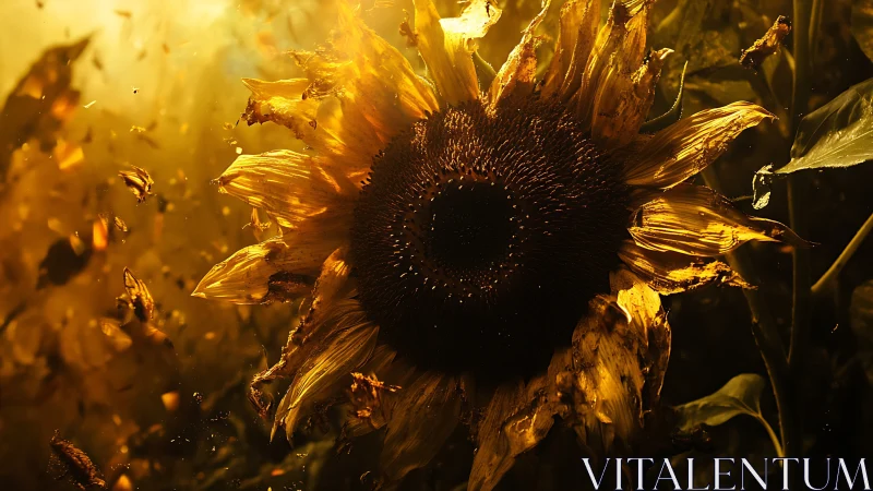 Decaying sunflower in cinematic golden backlight closeup.