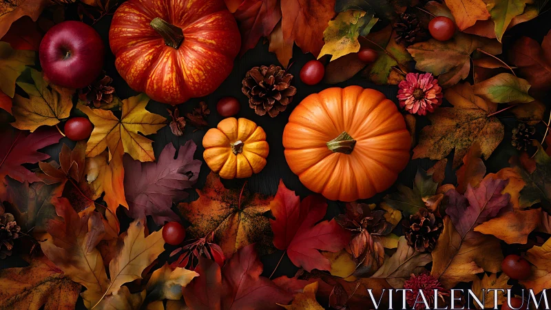 Cozy autumn pumpkins nestled among colorful fall leaves.