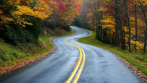 Wet curved road passes through dense autumn forest