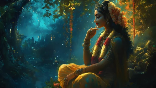 Divine lady in jeweled garland seated in moonlit forest.