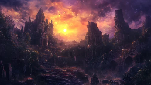 Luminous sundown over decayed gothic citadel architecture.