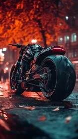 Custom motorcycle waits under neon rain on a city street