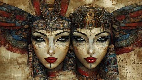 Twin pharaoh queens in ornate surreal digital portrait.