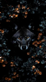 Wolf face centered amid dark foliage with copper leaves